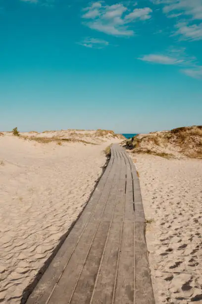 Wooden pathway on the beach with sand dunes in Sandhammaren, Sweden. Popular tourist destination.