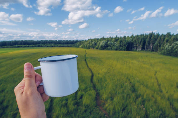 Enamel white mug mockup with path in the field grass background. Trekking merchandise and camping geer marketing photo. Stock wildwood photo with white metal cup. Rustic scene, producttemplate. stock photo
