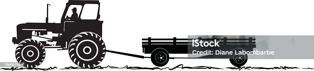 Tractor and Wagon Silhoeutte Silhouette  of a tractor pulling a wagon. There is a farmer driving the tractor. It is a side view.  Tractor stock vector