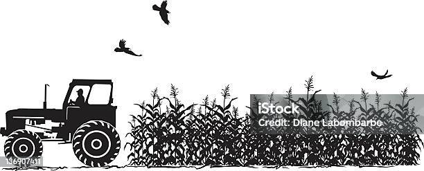 Ilustración de Tractor En El Campo De Maíz La Agricultura Y La Silueta Aislado En Blanco y más Vectores Libres de Derechos de Granja