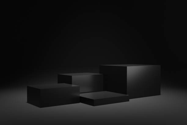 istock Blank pedestals or platform in cube shape with dark black studio background for product display. 1369074549