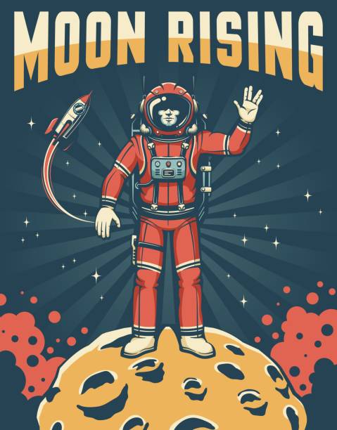 Spaceman in red space suit on the Moon Spaceman in red space suit on the Moon - sky-fi retro poster. Astronaut on planet with craters shows Vulcan salute gesture. Vector illustration in vintage style. vulcan salute stock illustrations