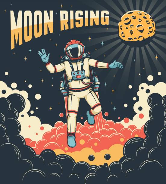 Lunar astronaut with jetpack flies around the moon Lunar astronaut with jetpack flies around the moon. Spaceman in space suit - retro poster. Vector vintage illustration. vulcan salute stock illustrations