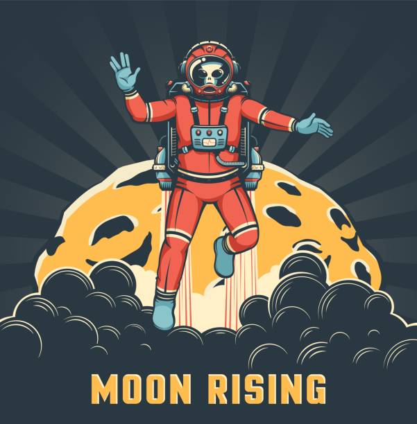 Alien astronaut with jetpack flies around the moon Alien astronaut with jetpack flies around the moon. Vector image. Spaceman in space suit with vulcan salute gesture. Retro space poster. vulcan salute stock illustrations