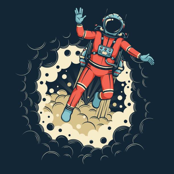 Astronaut in spacesuit with jetpack flies out of black hole Astronaut in spacesuit with jetpack flies out of black hole - vector image. Astronaut in retro style with Vulcan salute. cosmonaut stock illustrations