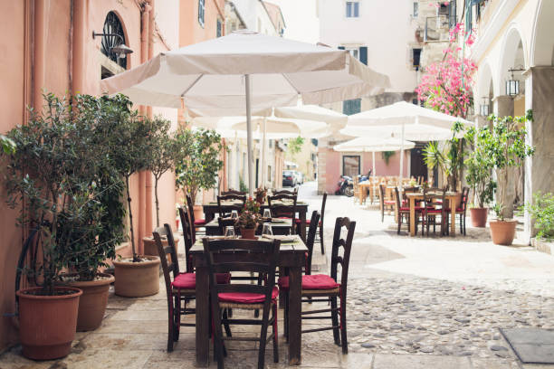 istock Charming street with cafes, Corfu, Greece 1369076778