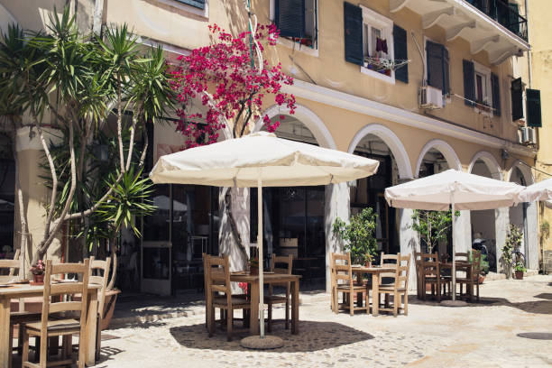 istock Charming street with cafes, Corfu, Greece 1369076927