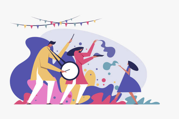Illustration of a family celebrating Holi festival by throwing colours and dancing Illustration of a family celebrating Holi festival by throwing colours and dancing holi stock illustrations