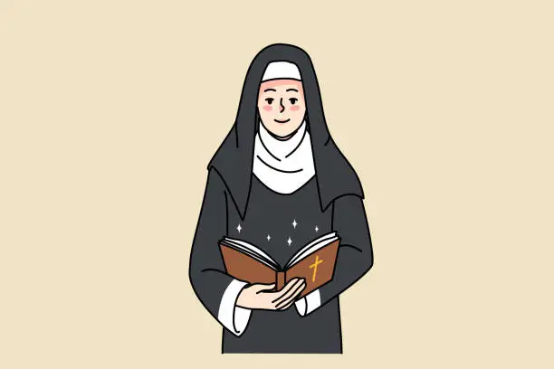 Vector illustration of Sister nun hold bible pray to god