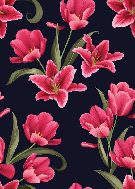 istock Seamless pattern of Tulip and Lily flower with leaf background template. Vector set of floral element for tropical print, wedding invitations, greeting card, brochure, banners and fashion design. 1369078872