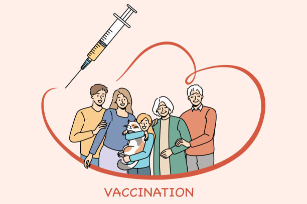 Vaccination and medical protection concept Vaccination and medical protection concept. Family with kid child parents and grandparents standing all together and feeling protected with syringe and vaccination vector illustration cold and flu family stock illustrations