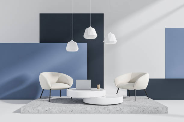 istock Bright living room interior with two white armchairs, coffee table 1369078997