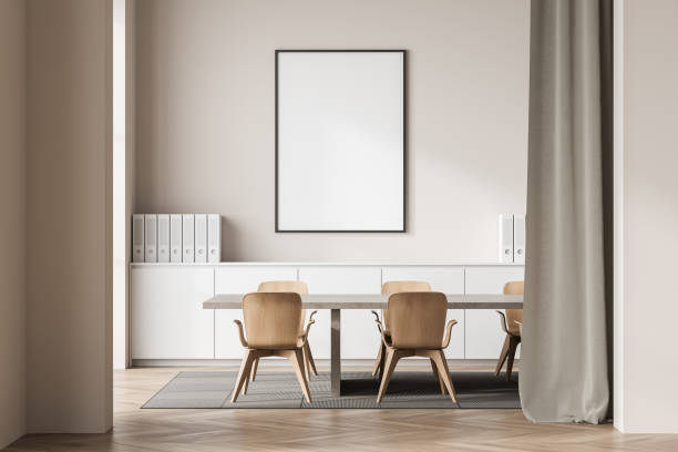 istock Conference room interior with seats and drawer, mockup poster 1369079050