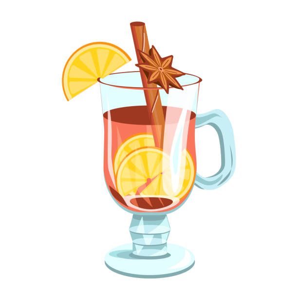 Bright mulled wine drink in a glass mug with orange slices and cinnamon, isolated on a white background.Vector mulled wine can be used in menus, banners, textiles, postcards. Bright mulled wine drink in a glass mug with orange slices and cinnamon, isolated on a white background.Vector mulled wine can be used in menus, banners, textiles, postcards. punch drink stock illustrations