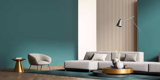 istock Light gallery room interior with sofa and armchair on carpet, mockup 1369080326