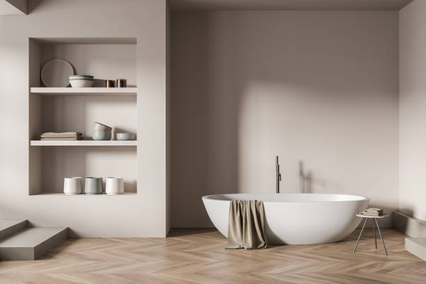 istock Light bathroom interior with bathtub and shelf, parquet floor, mockup 1369080392