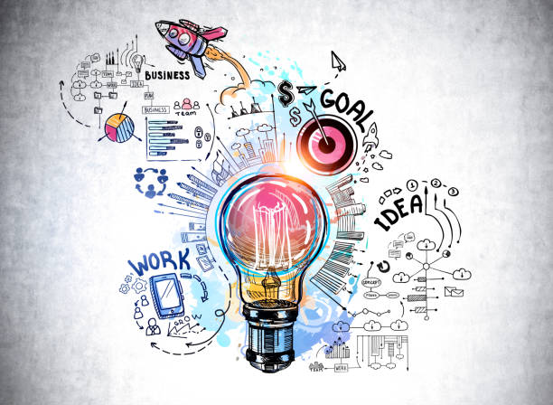 istock Colourful sketch with large light bulb, rocket launch, cogwheel, business 1369080564