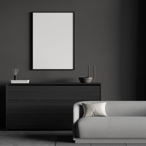 istock Dark living room interior with couch and commode, mockup poster 1369081802