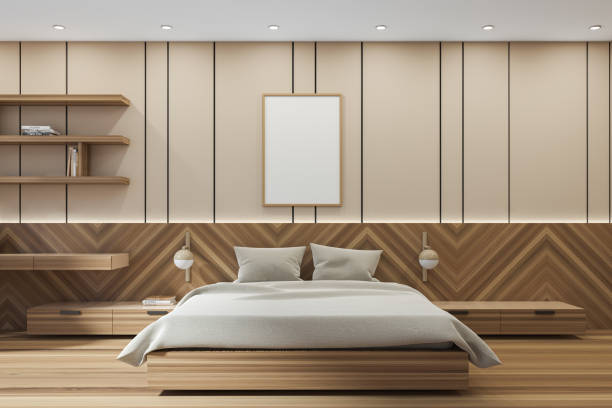 istock Light bedroom interior with bed, linens and shelf rack, mockup poster 1369081931