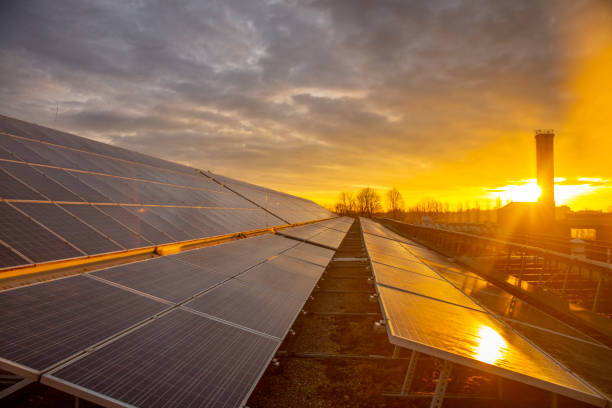 istock Photovoltaic solar power panel industrial cell on dramatic sunset sky background. Alternative power energy concept. 1369085444
