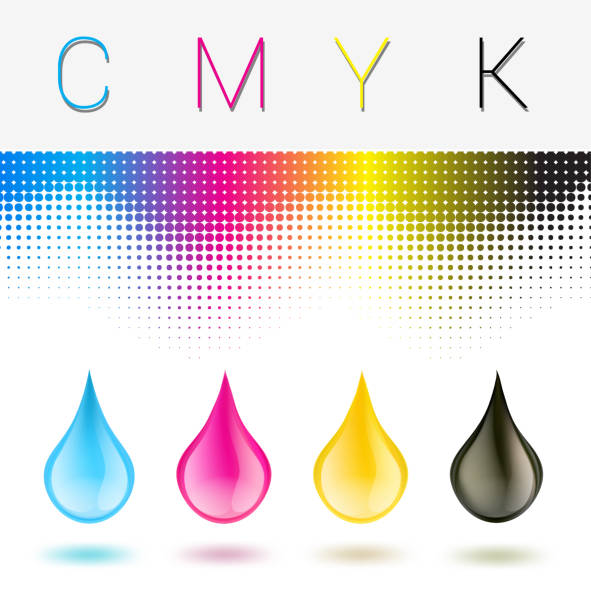 ilustrações de stock, clip art, desenhos animados e ícones de c m y k inkjet printer drops on white with raster background. vector illustration - inkjet
