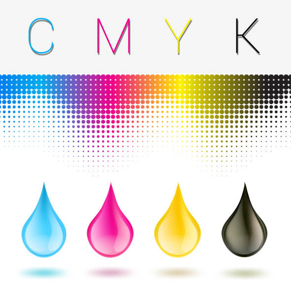 bildbanksillustrationer, clip art samt tecknat material och ikoner med c m y k inkjet printer drops on white with raster background. vector illustration - cmyk