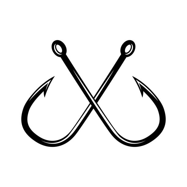 Crossed fishing hooks. Design element for  label, sign, badge. Vector illustration Crossed fishing hooks. Design element for  label, sign, badge. Vector illustration fishing hook stock illustrations