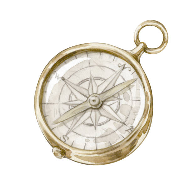 흰색 배경에 고립 된 빈티지 골드 나침반의 수채화 그림. - compass direction east gold stock illustrations