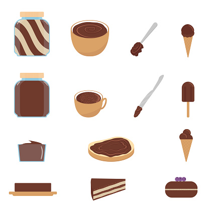 Set of products with chocolate. Chocolate paste, butter, ice cream, culinary products. Flat. Vector illustration