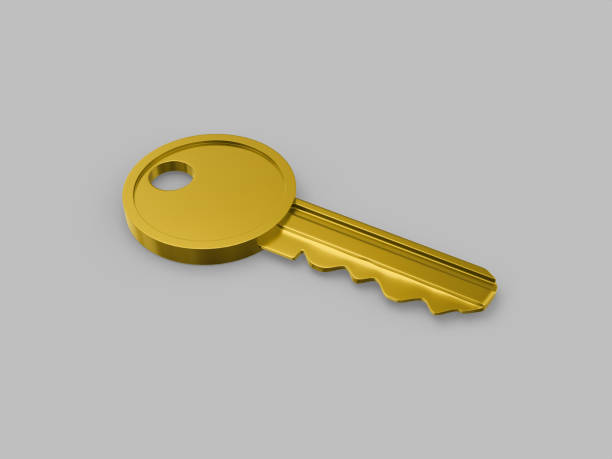istock Golden one color key on surface on gray flat background. Minimalistic design object. 3d rendering icon ui ux interface element. 1369088957