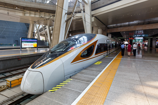 Beijing, China - September 29, 2019: Fuxing type high speed train high-speed at South railway Station in Beijing, China.