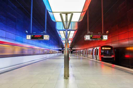 Art deco platforms at Gants Hill underground station in London