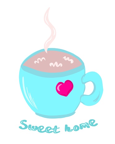 Cute blue cup of hot coffee on white background. Mug with love heart and cocoa. Valentine's Day concept. Vetor, Illustration.