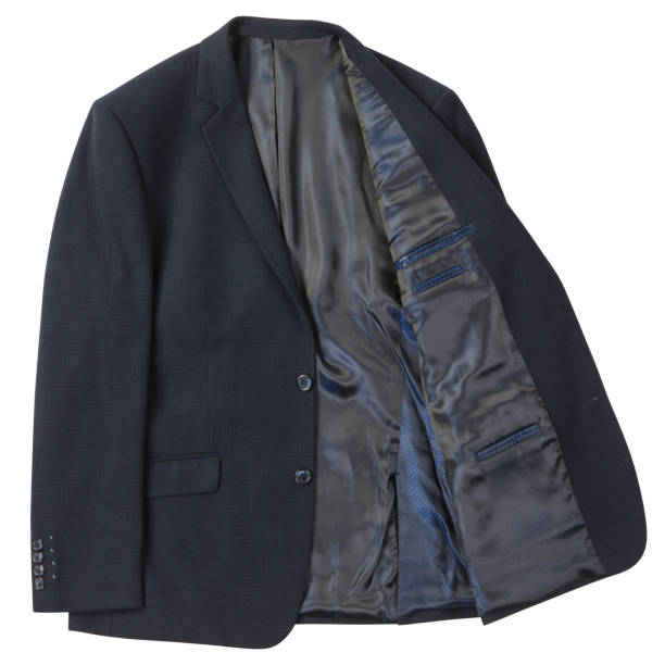 istock dark gray classic men's jacket with a gray lining, on a white background, one side is turned away 1369090150
