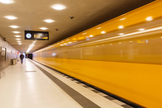 Blurred motion of Berlin yellow subway train.
