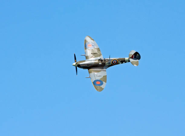 Spitfire in WW2 camouflage banking to port in clear blue sky Spitfire in flight, over the Solent, Dorset, England. The Vickers Supermarine Spitfire was one of the most important single seat fighter aircraft flying in the Second World War against Nazi Germany, especially in the defence of England in the Battle of Britain during August 1940 in the clear skies over the English Channel coast raf stock pictures, royalty-free photos & images