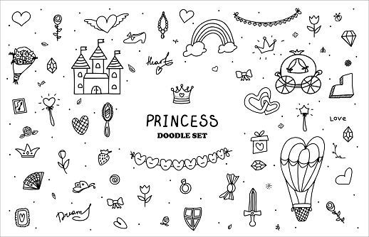 Set Vector Illustration Hand-Drawn Sketchy Fairy Tale Princess Tiara Crown Doodle Design Elements Set Vector Illustration. Cliparts for invitation, ad, book.