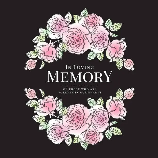 Vector illustration of In loving memory of those who are forever in our hearts text in soft pink and green rose blossom Wreath on black background vector design