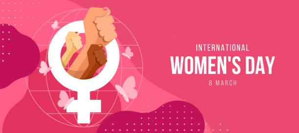 internationaler frauentag - erhobene hände im weiblichen schild online globales weltzeichen mit schmetterling fliegen herum und abstrakte kurve rosa hintergrund vektor design - tag stock-grafiken, -clipart, -cartoons und -symbole