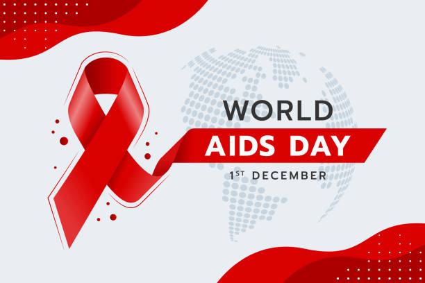 world aids day banner - red ribbon awareness sign on abstract dot global texture background vector design - world aids day stock illustrations
