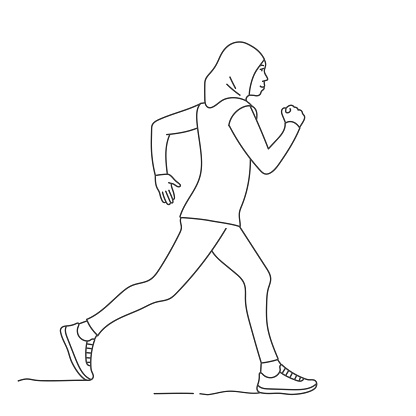Muslim Arab woman in hijab doing sports, running. Hand drawn vector illustration. Black and white.