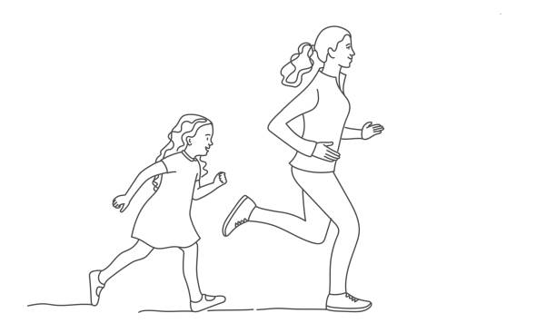 illustrazioni stock, clip art, cartoni animati e icone di tendenza di madre e figlia, sorelle maggiori e più giovani corrono - child running sport sports race