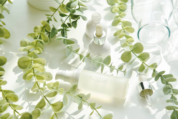 istock Cosmetic bottle containers packaging with green herbal leaves in shadow and light effect, Blank label for organic branding mock-up, Natural skincare beauty product concept. 1369096954