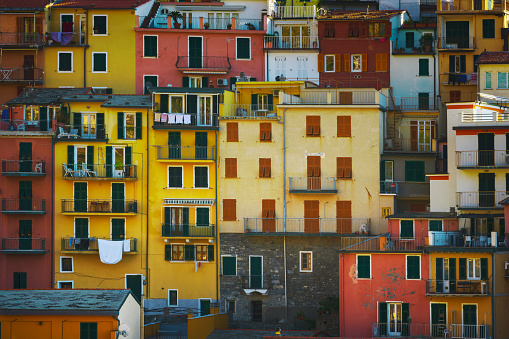 Manarola village, colorful pattern of houses. Cinque Terre, Unesco Site, Liguria region, Italy, Europe.