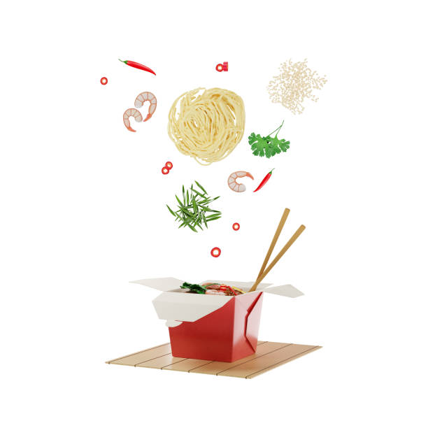 Wok noodles in a red box with shrimps with falling ingredients on a white background, 3d illustration