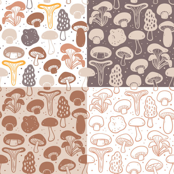 illustrazioni stock, clip art, cartoni animati e icone di tendenza di collezione mushrooms seamless pattern - morel mushroom