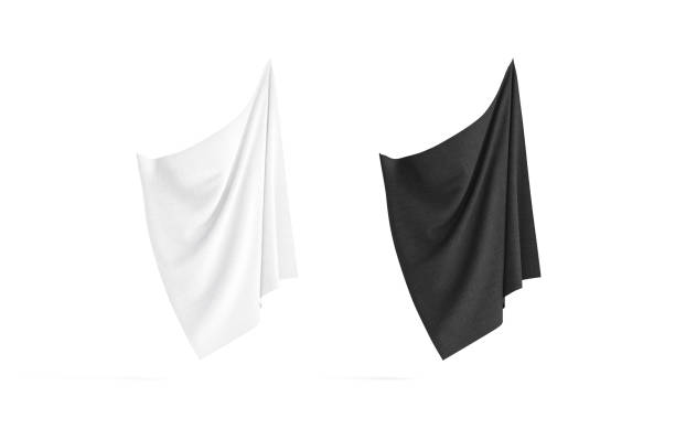 Blank black and white folded fabric hanging on corner mockup Blank black and white folded fabric hanging on corner mockup, no gravity, 3d rendering. Empty draapery or tissular material mock up, isolated. Clear decoration smooth clothe template. hanging fabric stock pictures, royalty-free photos & images