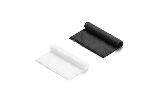 istock Blaank black and white twisted small towel mockup, side view 1369099604