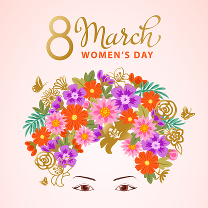 Multi colored flower bouquet forming a woman's head to celebrate the International Women's Day on 8th March