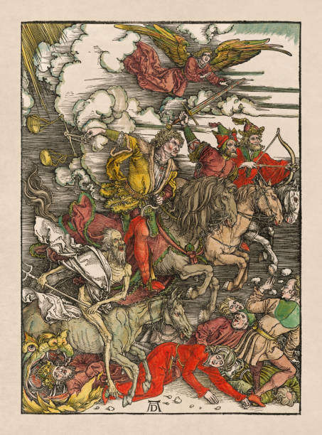 Illustration of the Four Horsemen of the Apocalypse Illustration of the Four Horsemen of the Apocalypse drawn by Albrecht Dürer in 1498. Armageddon Bible stock illustrations